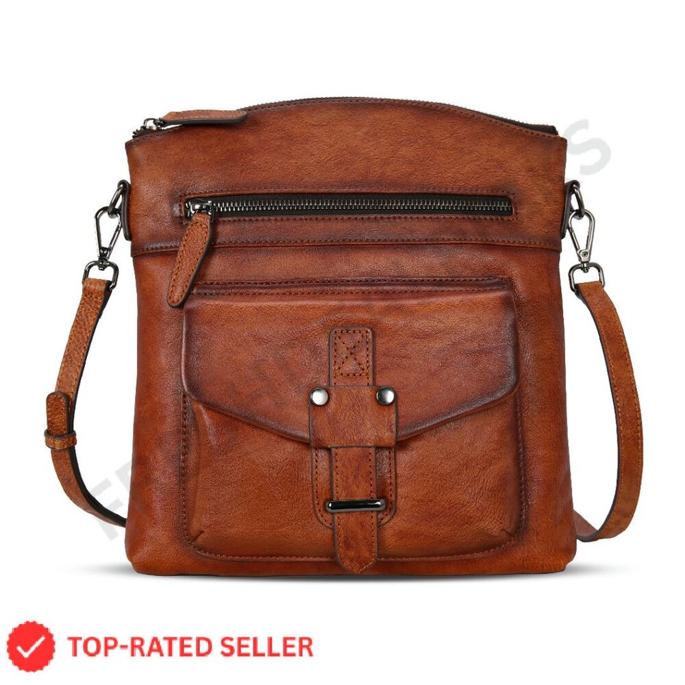 Genuine Leather Crossbody Bag Vintage Style Adjustable Strap Multi-Pocket